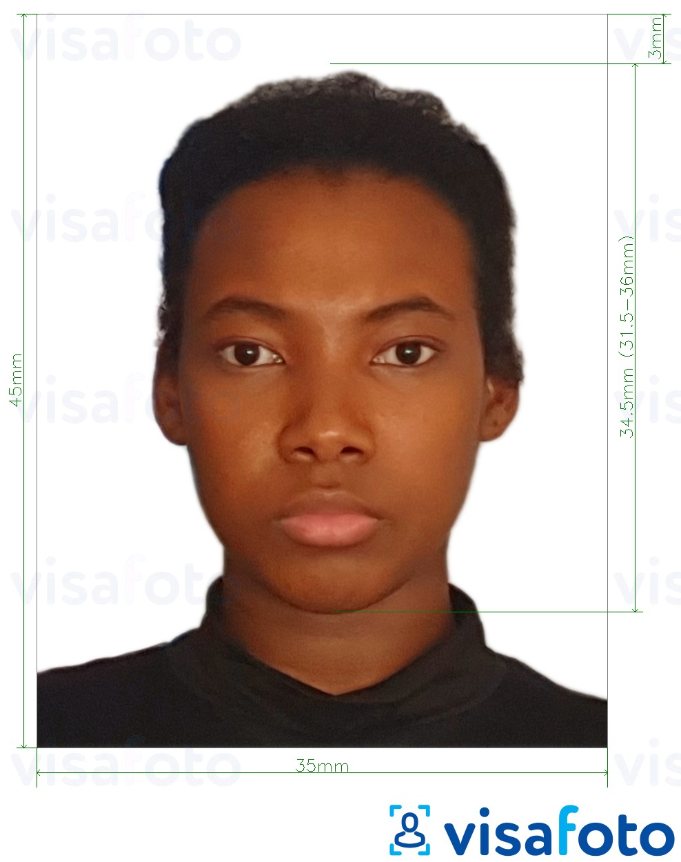 Приклад фотографії для Бенінський паспорт 3,5х4,5 см (35х45 мм) з точними специфікаціями розміру