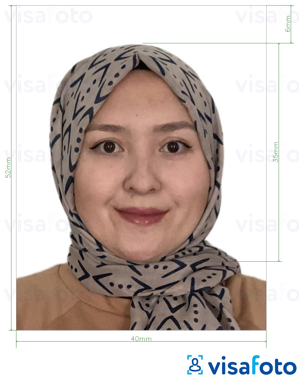 Приклад фотографії для Паспорт Брунея 5.2х4 см (52x40 мм) з точними специфікаціями розміру