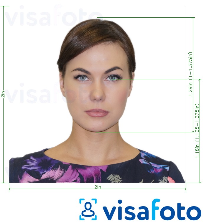 Приклад фотографії для Бразилія Visa 2x2 дюйм (від США) 51x51 мм з точними специфікаціями розміру
