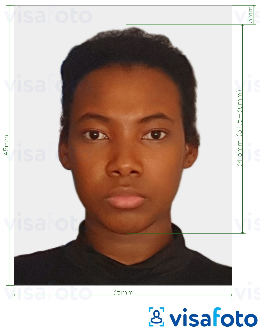 Приклад фотографії для Віза Кот-д'Івуар 4,5х3,5 см (45х35 мм) з точними специфікаціями розміру