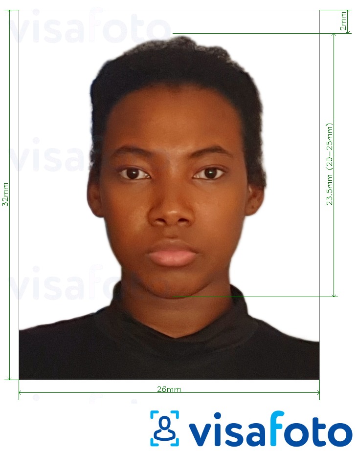 Приклад фотографії для Гайянський паспорт 32х26 мм (1,26x1,02 дюйма) з точними специфікаціями розміру