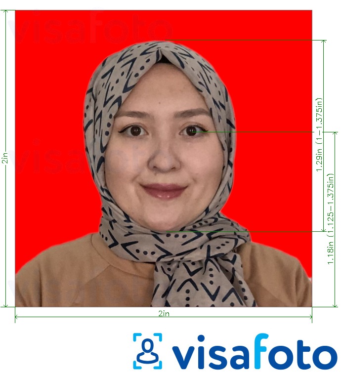 Приклад фотографії для Індонезія паспорт 51x51 мм (2x2 дюйма) червоний фон з точними специфікаціями розміру