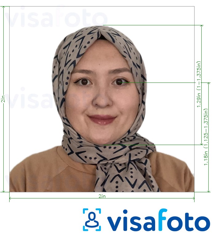Приклад фотографії для Індонезія Visa 2x2 дюйма (51x51 мм) з точними специфікаціями розміру