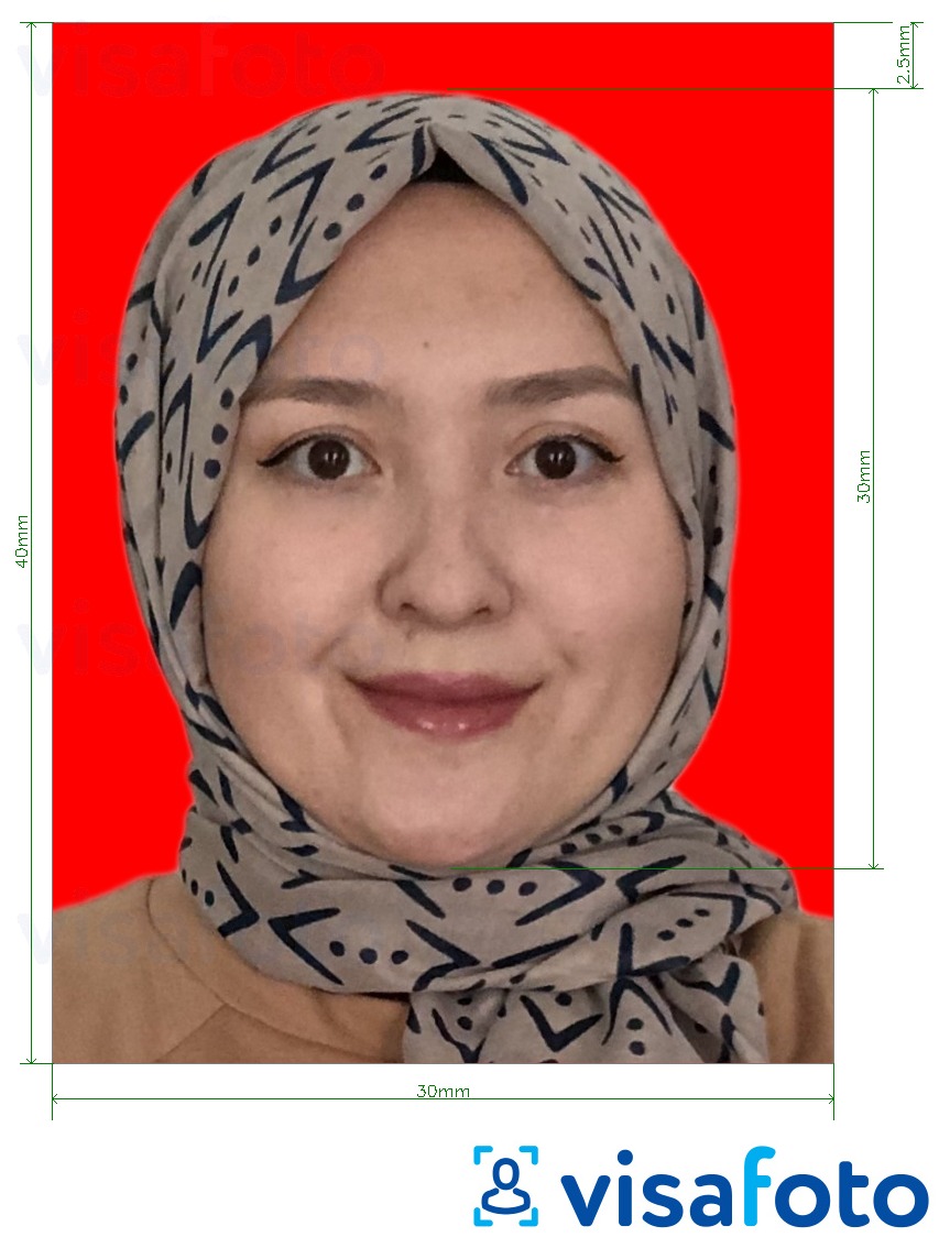 Приклад фотографії для Індонезія віза 3x4 см (30x40 мм) онлайн червоний фон з точними специфікаціями розміру