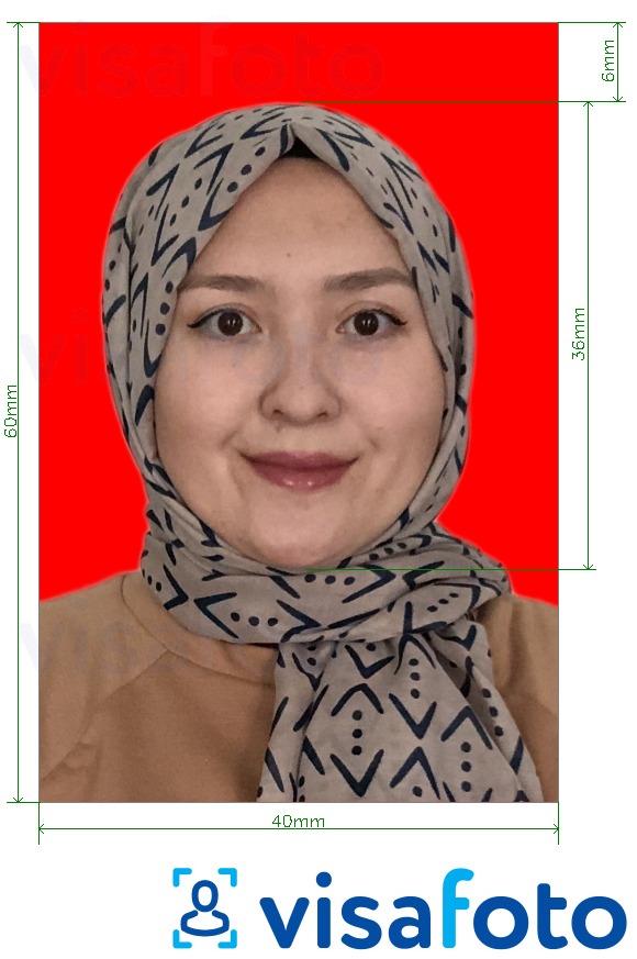 Приклад фотографії для Індонезія Visa 4x6 см червоний фон з точними специфікаціями розміру