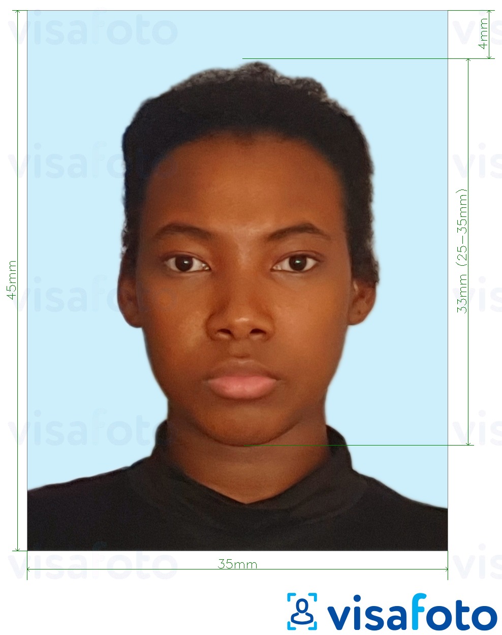 Приклад фотографії для Ямайський паспорт 35х45 мм блідо-блакитний фон з точними специфікаціями розміру