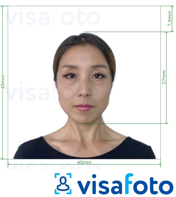 Приклад фотографії для Японія Visa 45x45мм, головка 27 мм з точними специфікаціями розміру