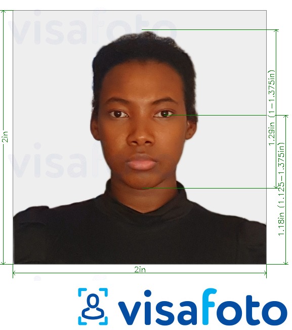 Приклад фотографії для Паспорт Кенії 2x2 дюйма (51x51 мм, 5x5 см) з точними специфікаціями розміру