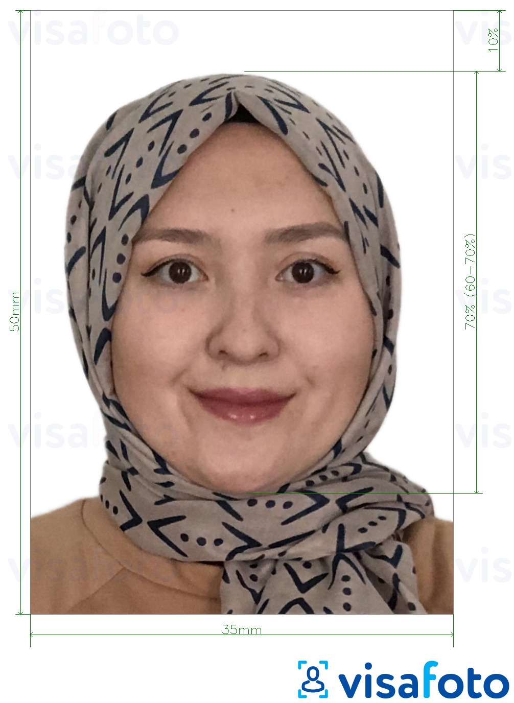 Приклад фотографії для Малайзія Visa 35x50 мм білий фон з точними специфікаціями розміру