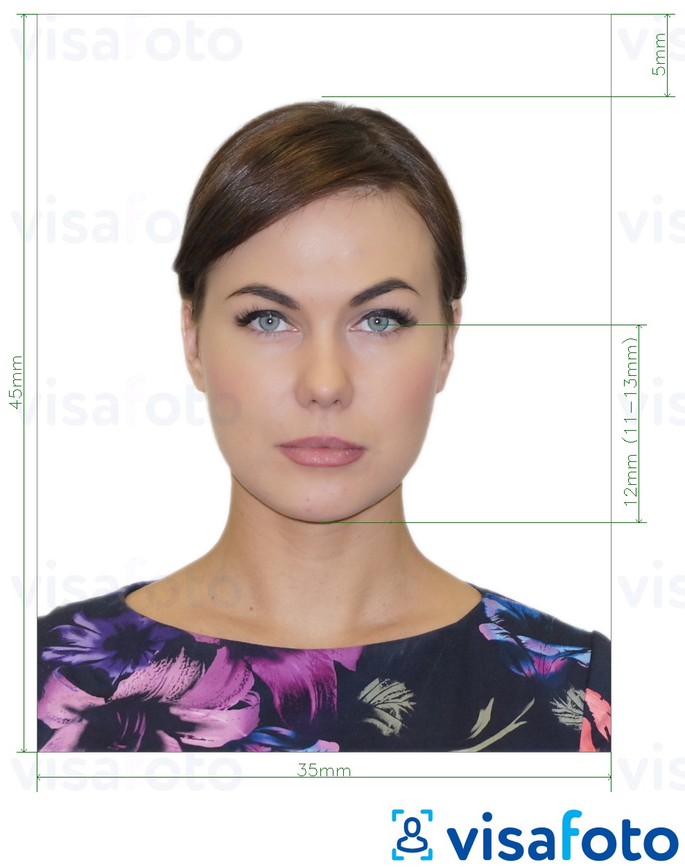 Приклад фотографії для Росія Паспорт (очі на дно підборіддя 12 мм), 35х45 мм з точними специфікаціями розміру